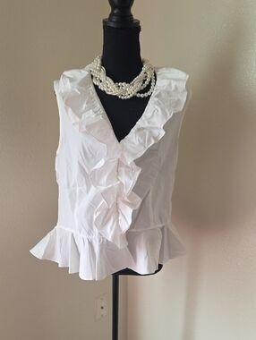 Ralph Lauren White Ruffle V-Neck Peplum Sleeveless Top